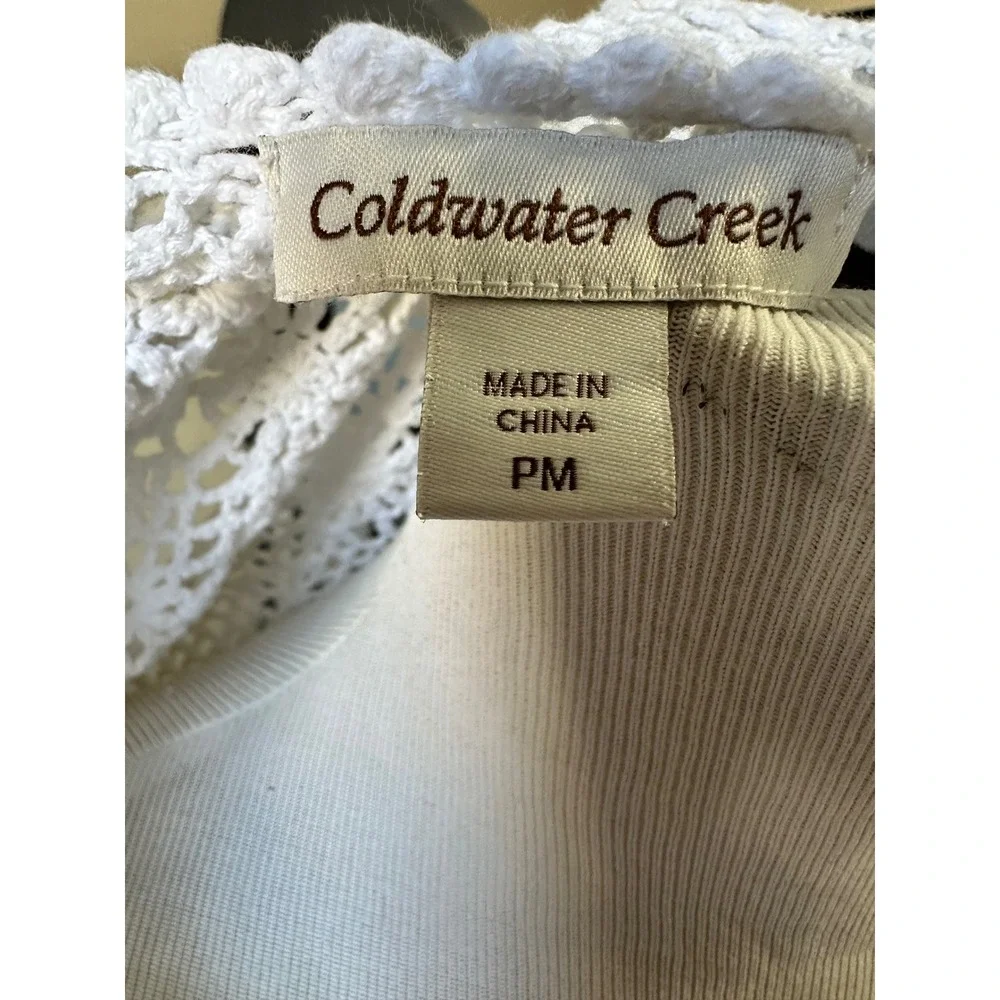 Coldwater Creek White Crochet Floral 3/4 Sleeve Boat Neck‎ Top PM Cottagecore